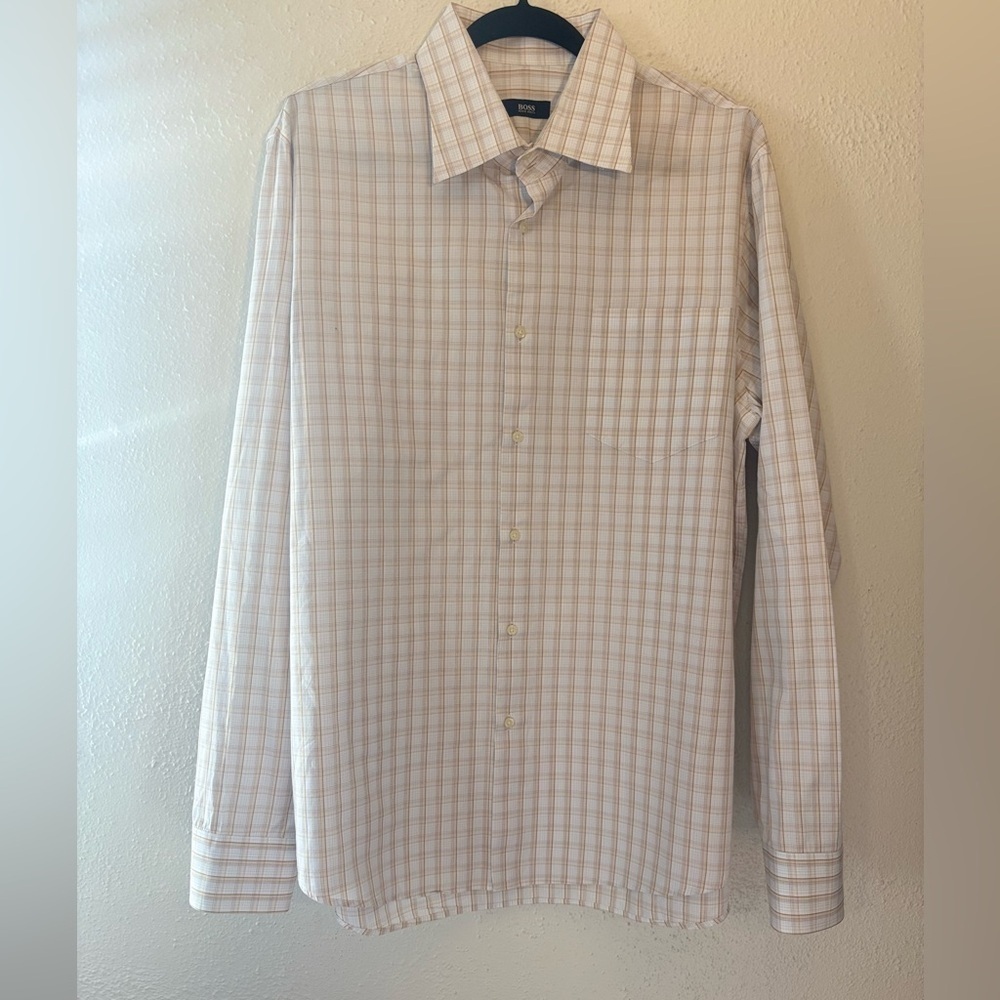 Preppy Hugo Boss Button Up Shirt Dress Beige Plaid Long Sleeve Mens Size18